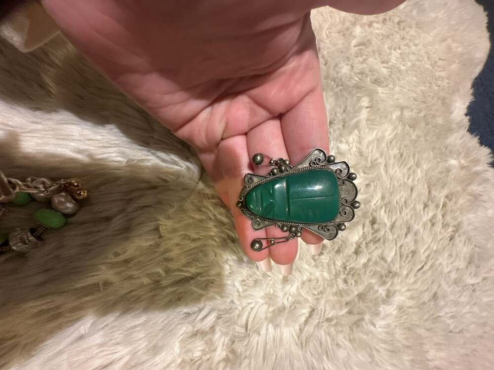 Vintage Aztec Sterling Carved Green Jade Mask Brooch Pin